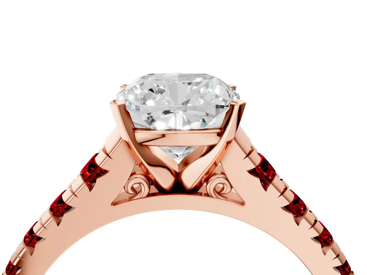 Cushion Cut Diamond Cathedral Solitaire Ring with Round Ruby Pavé Band Rose gold