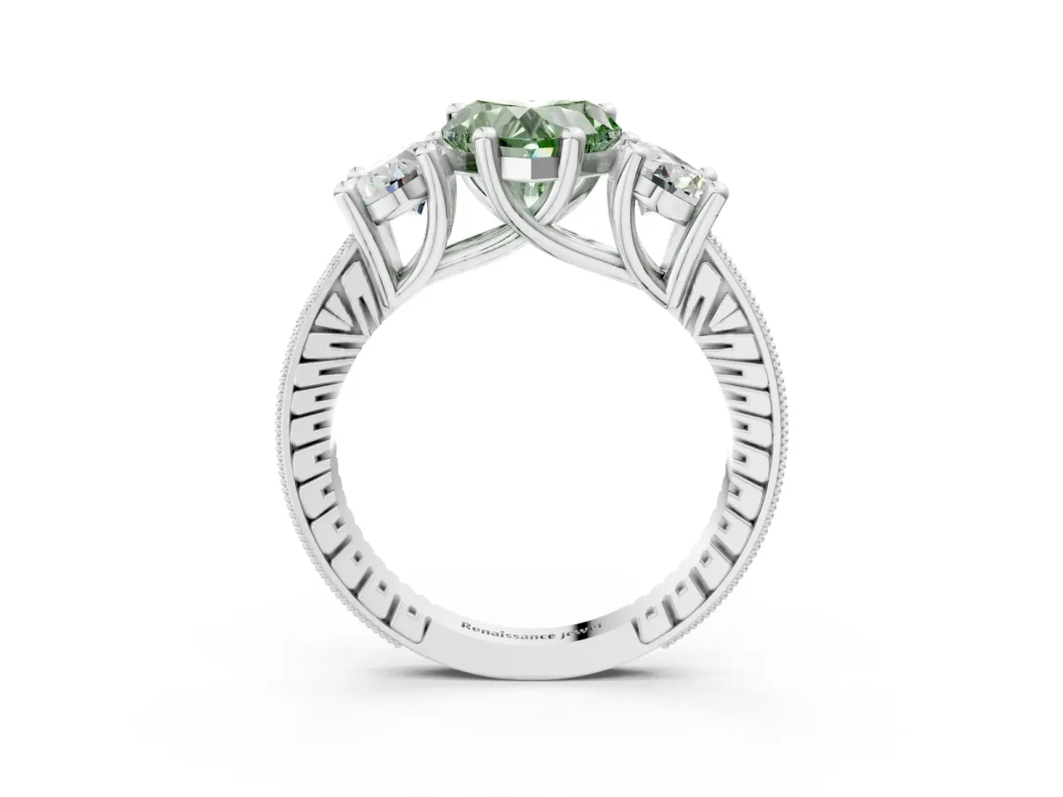 Fancy Green Three-Stone Heart Cut Diamond Milgrain Pave Band with Prong Setting Platinum