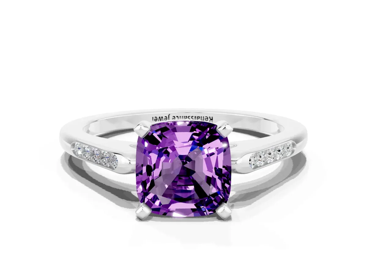 Cushion Cut Amethyst Solitaire Ring with Channel Set Round Band and Prong Setting Silver