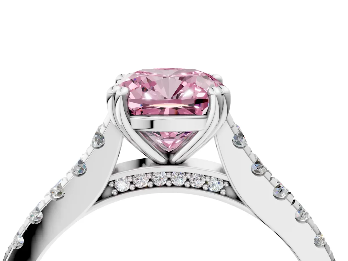 Fancy Pink Cushion Cut Solitaire Pave Diamond Engagement Ring with Prong Setting White gold