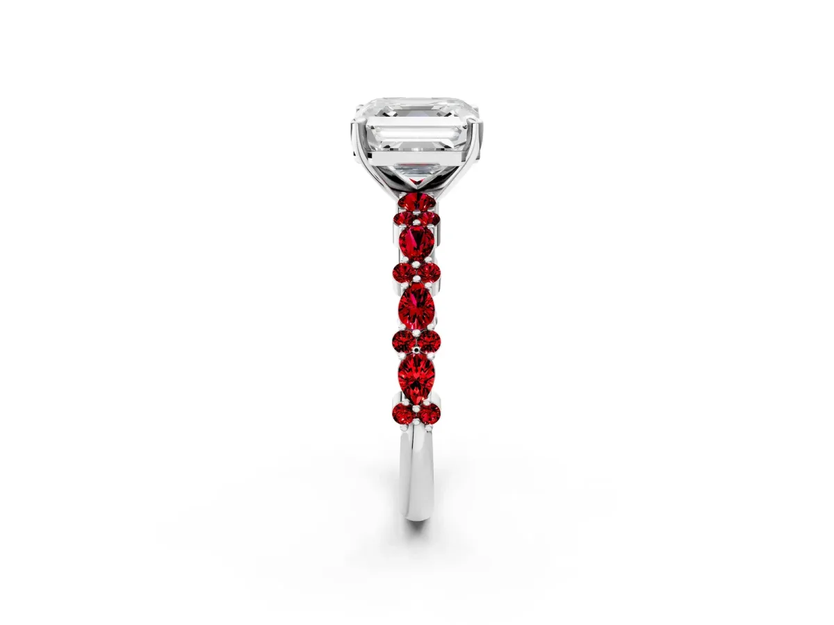 Asscher Cut Diamond Side Stone Solitaire Ring with Round Ruby and Four-Prong Setting Platinum