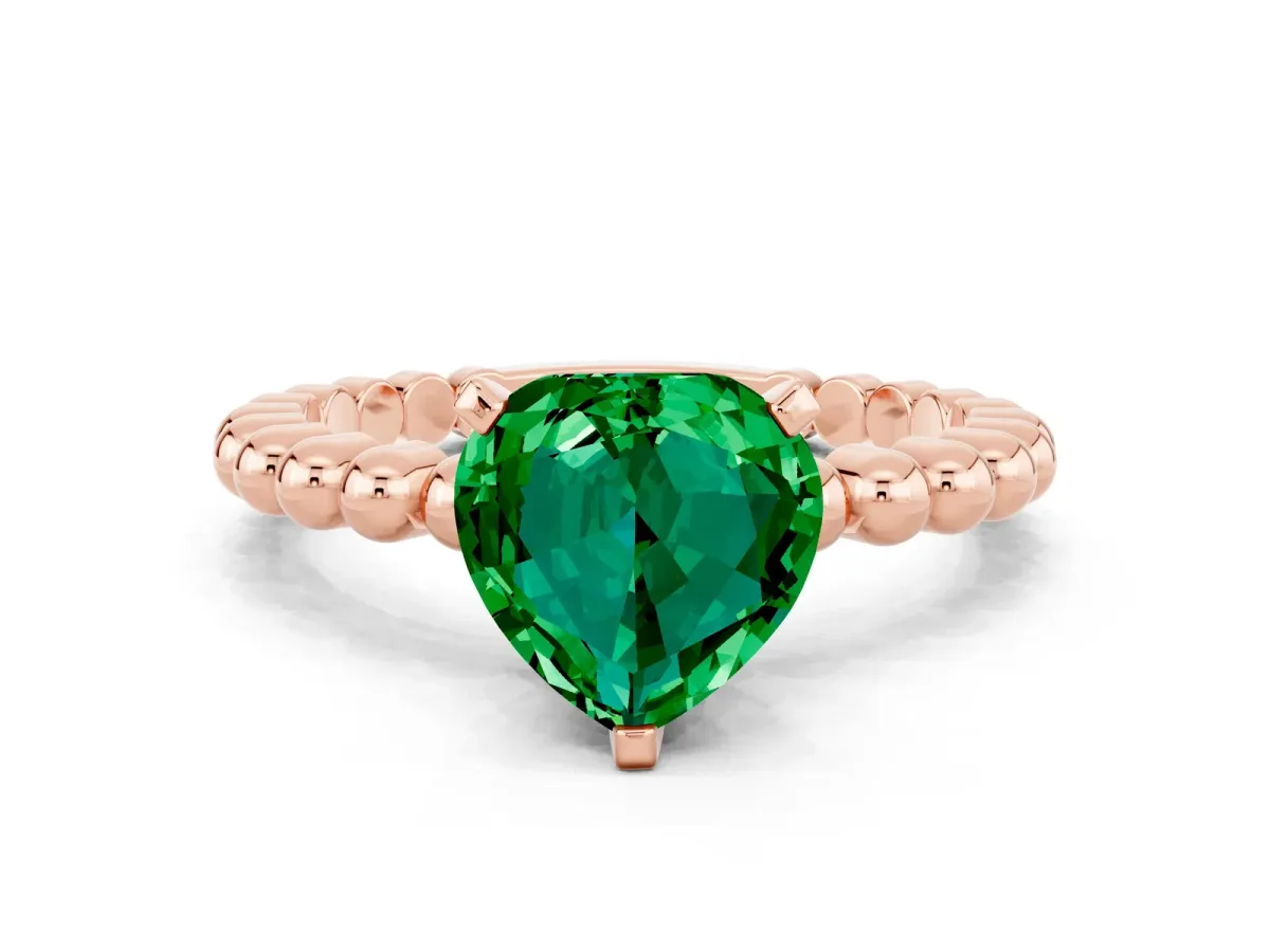 Heart Cut Emerald Solitaire Ring with Beaded Band and Prong Setting Rose gold