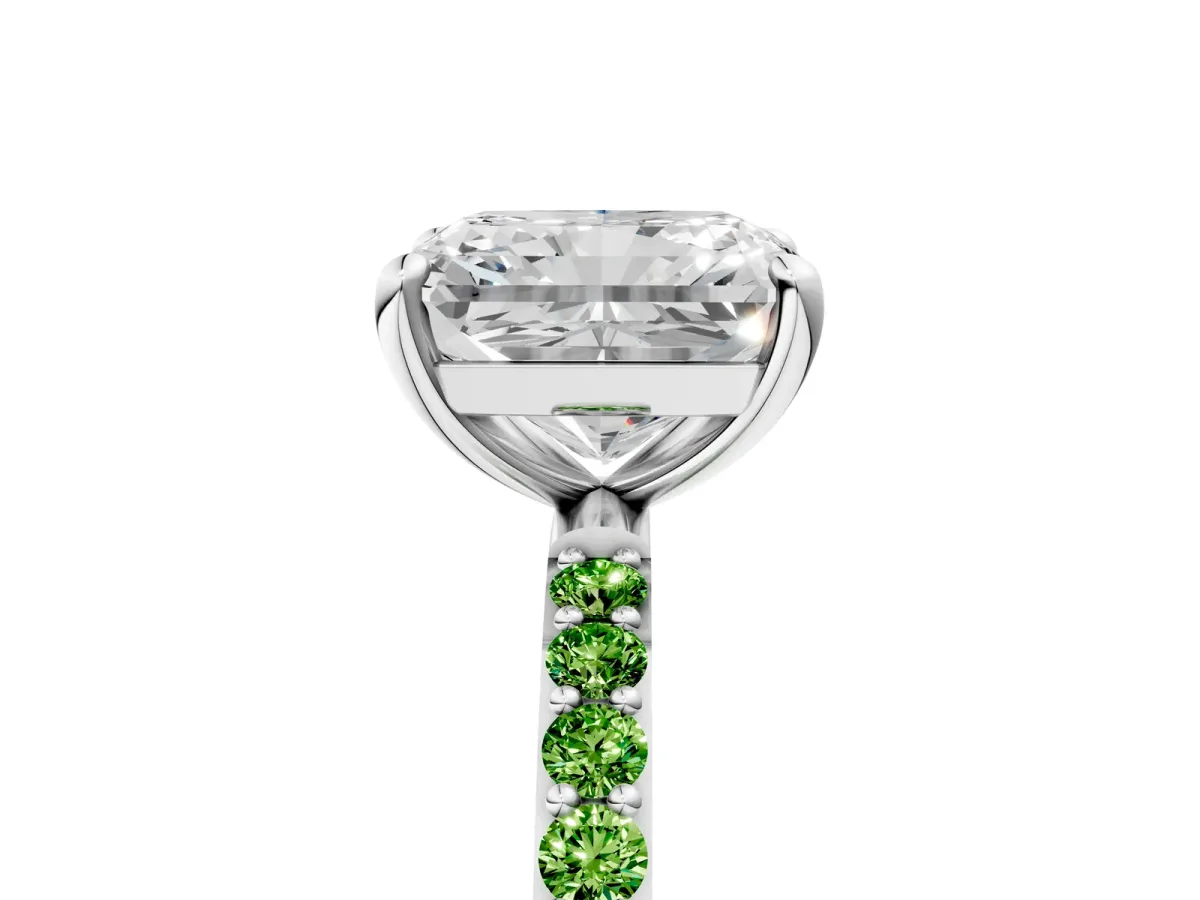 Radiant Cut Diamond Solitaire Ring with Round Peridot Pavé Band and Prong Setting Silver