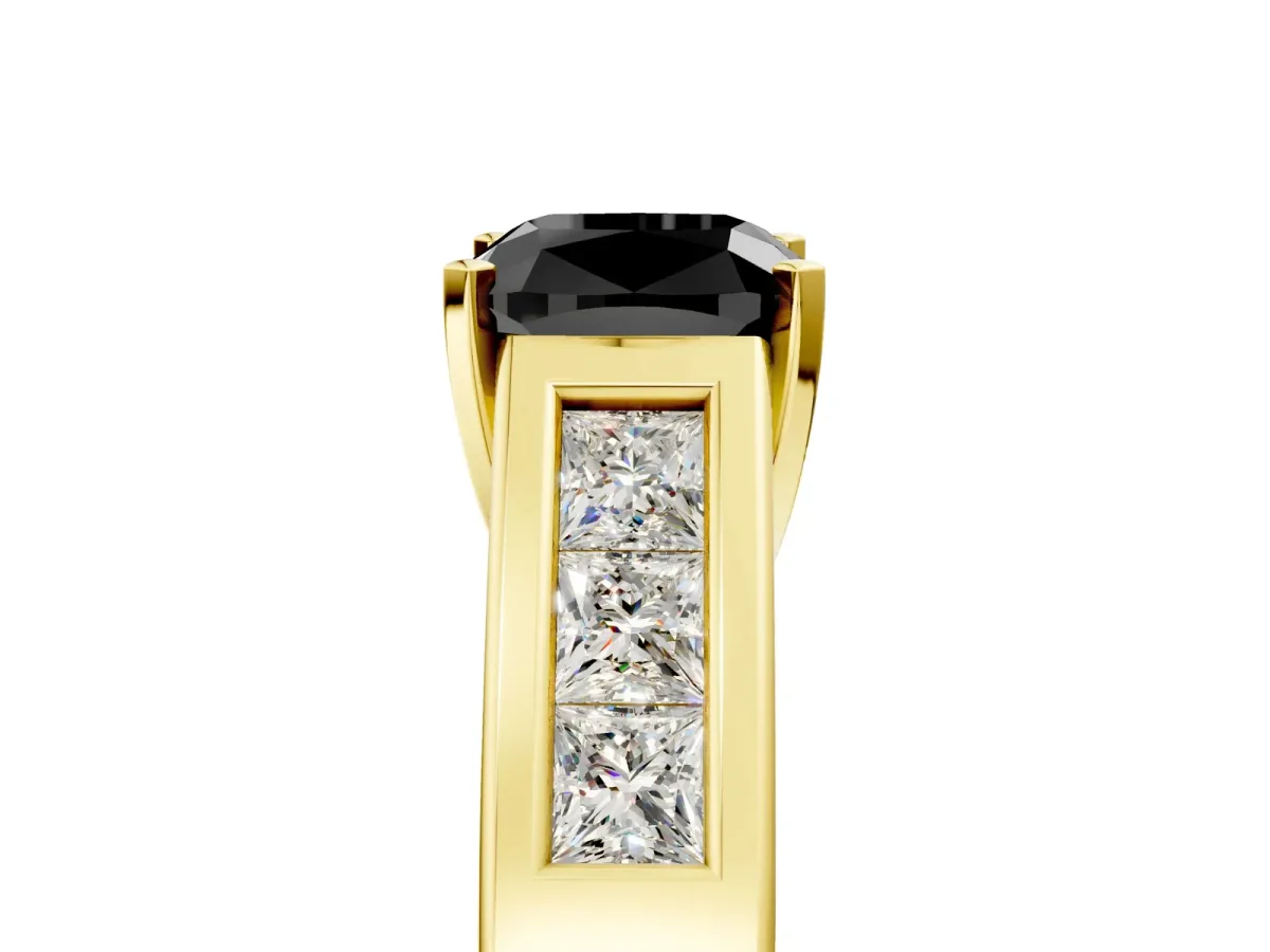 Fancy Black Cushion Cut Cut Channel Set Solitaire Ring with Four-Prong Setting Yellow gold