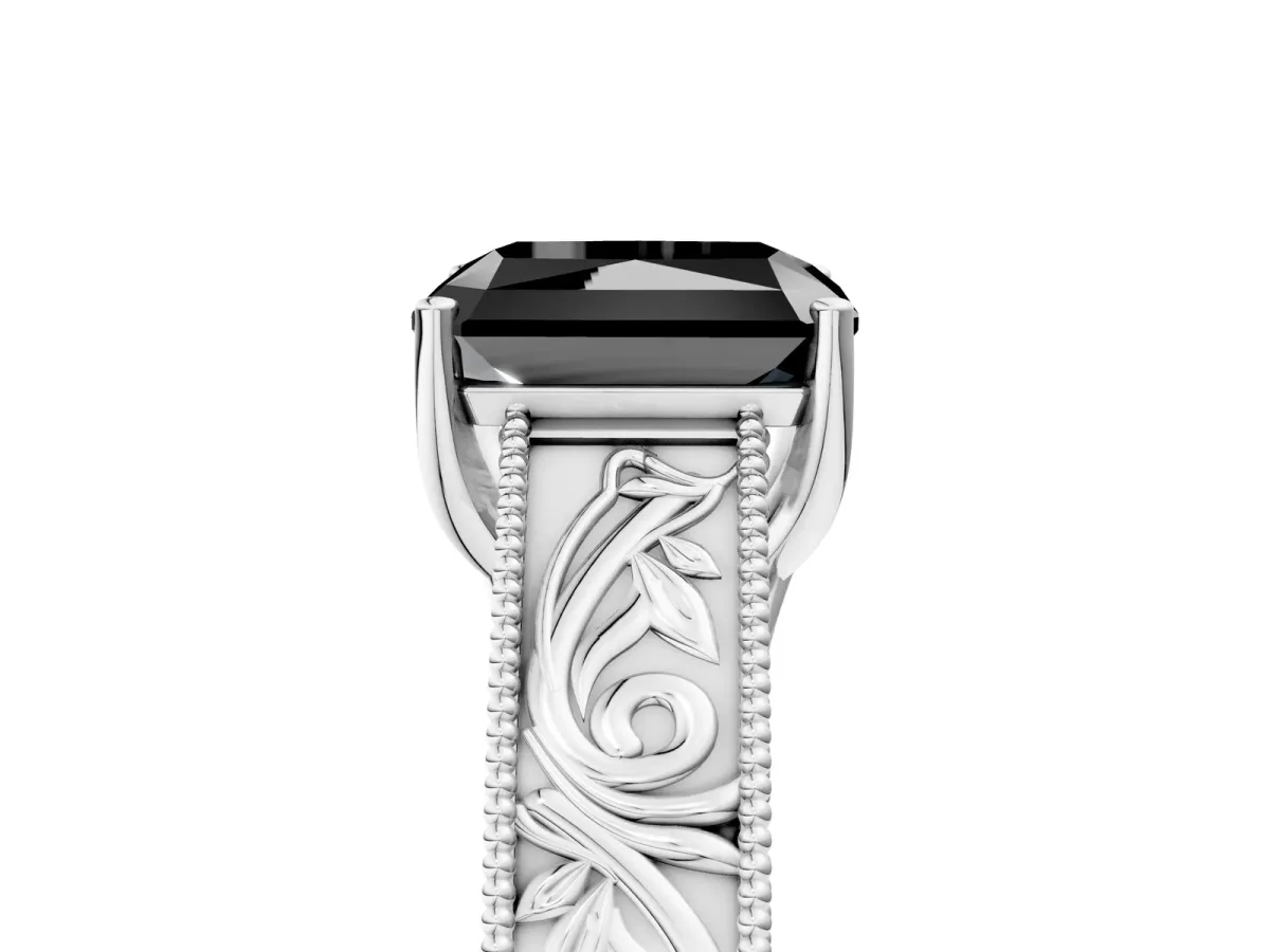 Fancy Black Radiant Cut Diamond Solitaire Ring with Engraved Band and Four-Prong Setting Platinum