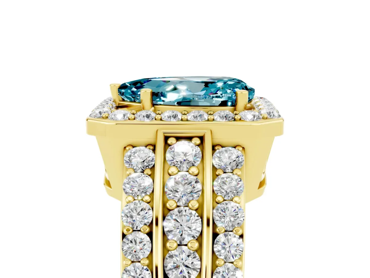 Pear Cut Halo Blue Topaz Ring with Round Split Shank and Prong Setting Yellow gold