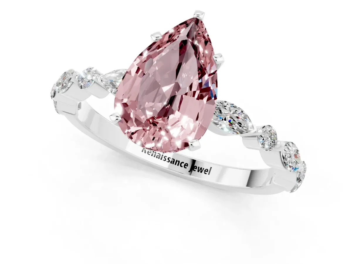 Pear Cut Morganite Ring with Marquise and Round Side Stones and Four-Prong Setting Silver