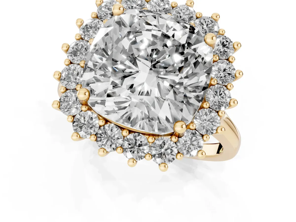 Cushion Diamond Halo Engagement Ring with Round Diamond Accents Yellow gold