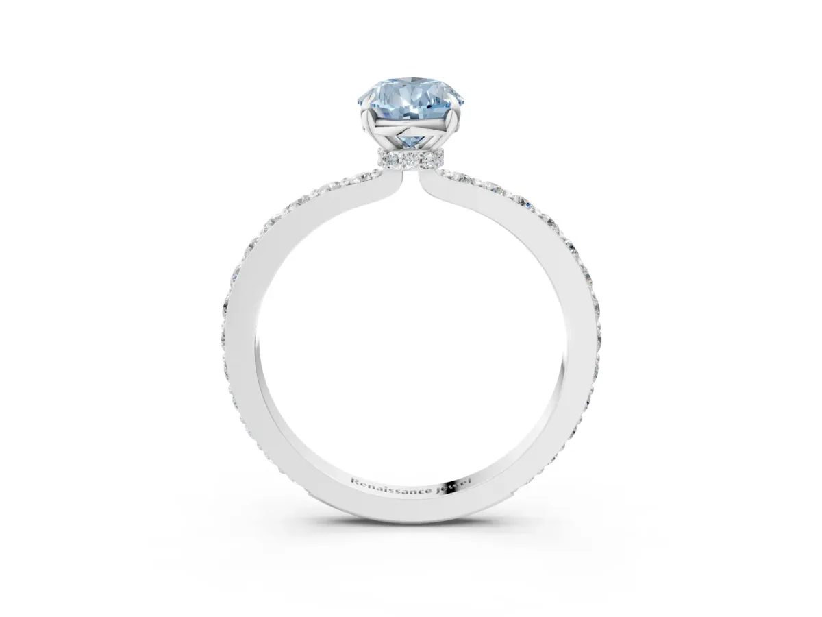 Fancy Blue Pear Cut Diamond Solitaire Engagement Ring with Pavé Band and Four-Prong Setting Silver