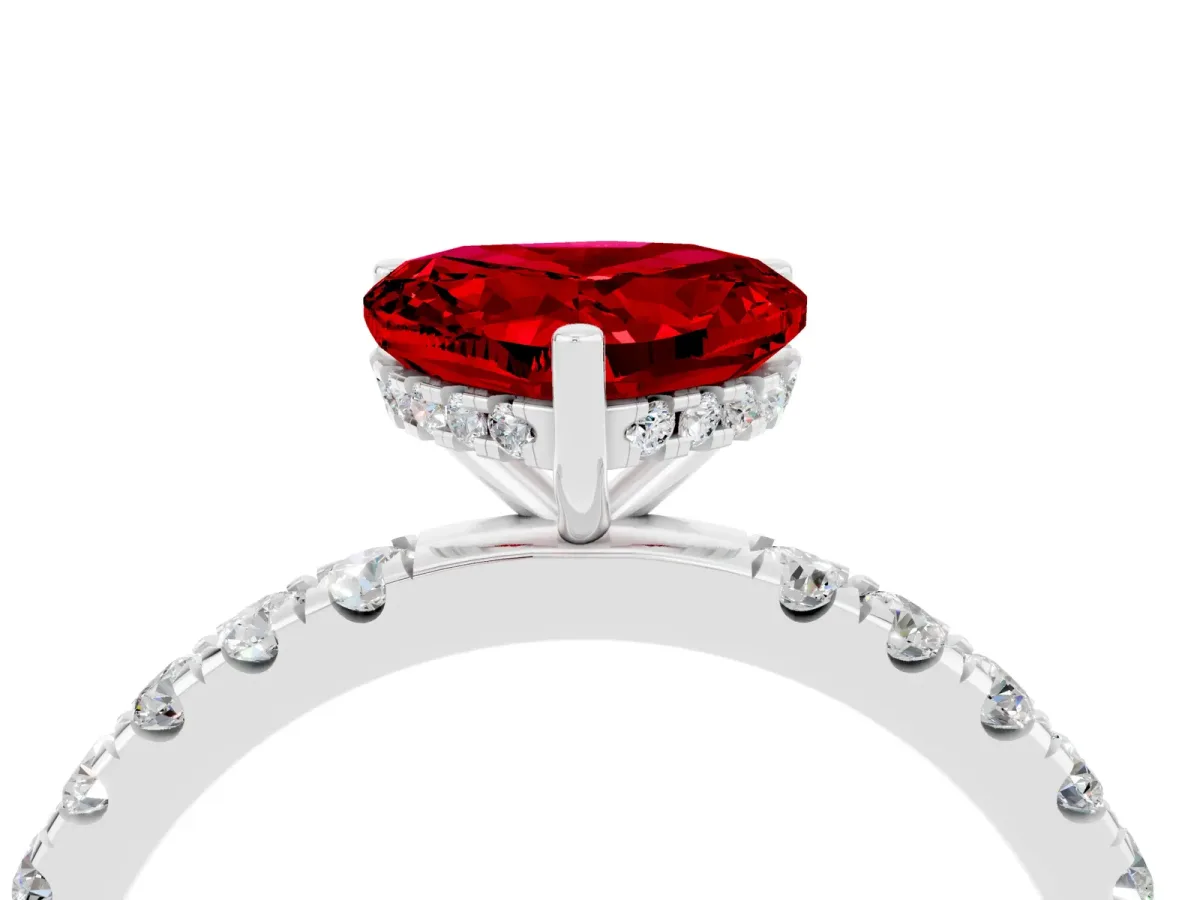 Heart Cut Ruby Pave Band Solitaire Ring with Round and Prong Setting Platinum