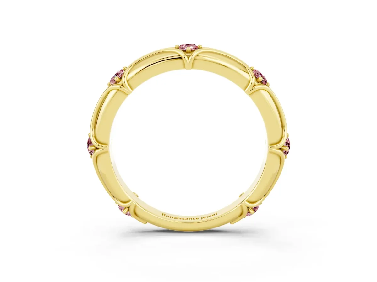 Round Morganite Prong Set Milgrain Eternity Band Yellow gold