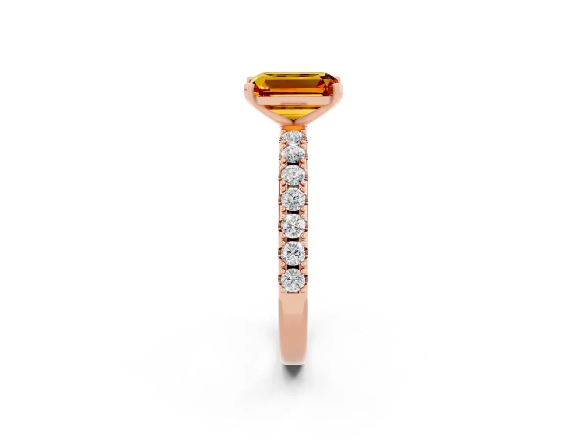 Emerald Cut Citrine Solitaire Pavé Band with Four-Prong Setting Rose gold