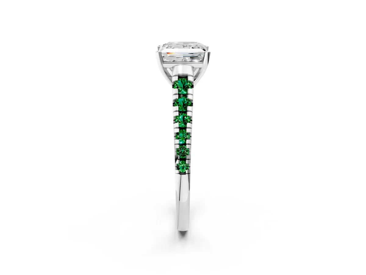 Princess Cut Diamond Cathedral Solitaire Ring with Round Emerald Pavé Band Silver