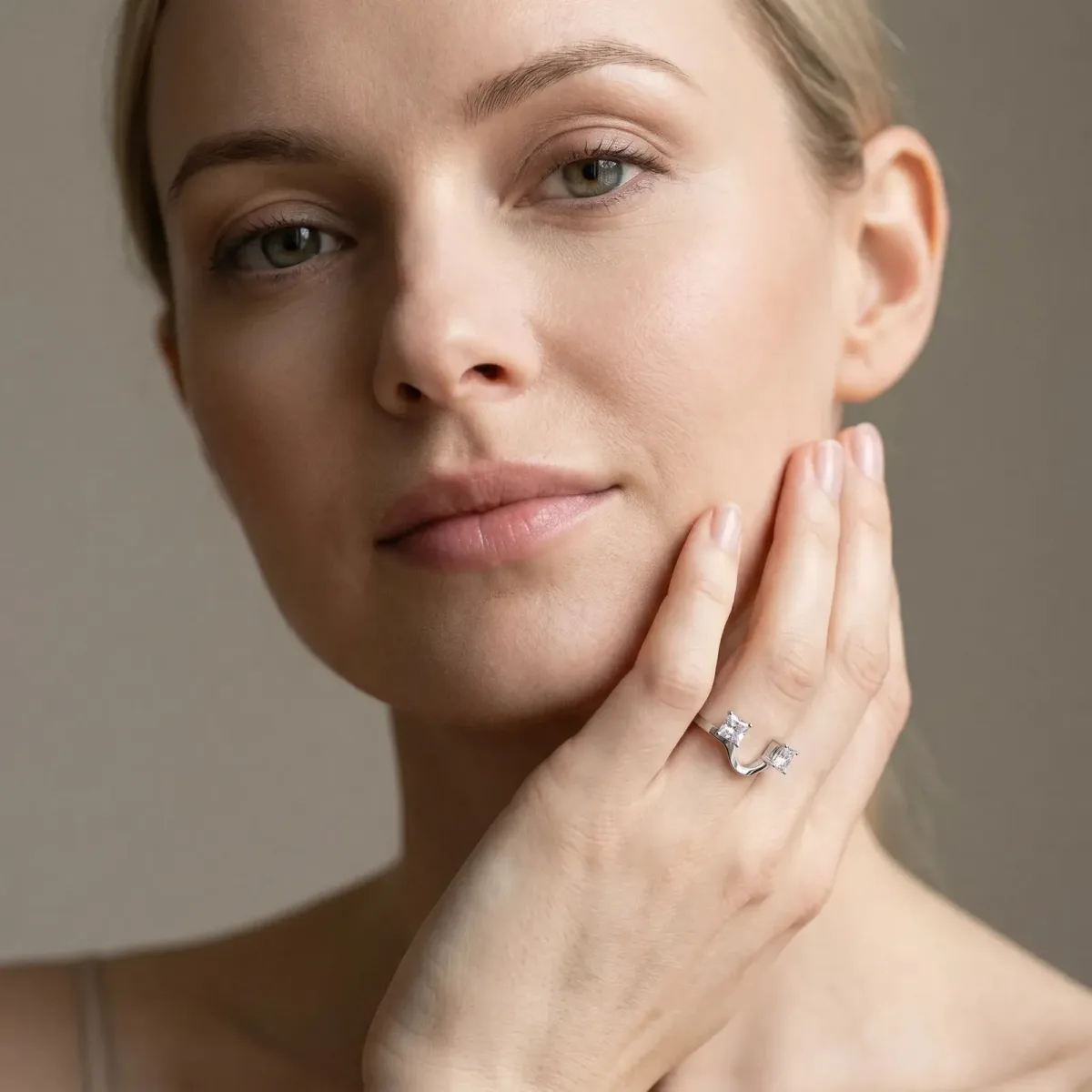 Princess Cut Diamond Two-Stone Open Band Ring with Four-Prong Setting Silver