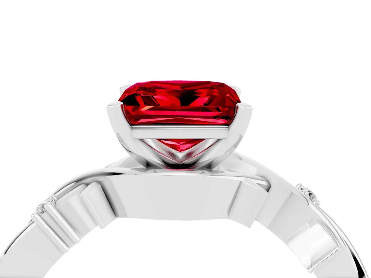Princess Cut Ruby Solitaire Ring with Twisted Band and Prong Setting White gold