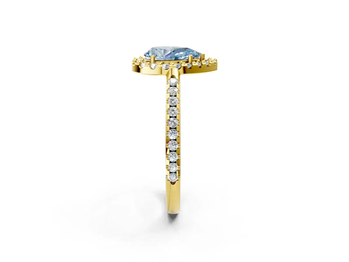 Fancy Blue Pear Cut Diamond Pavé Halo Ring with Four-Prong Setting Yellow gold