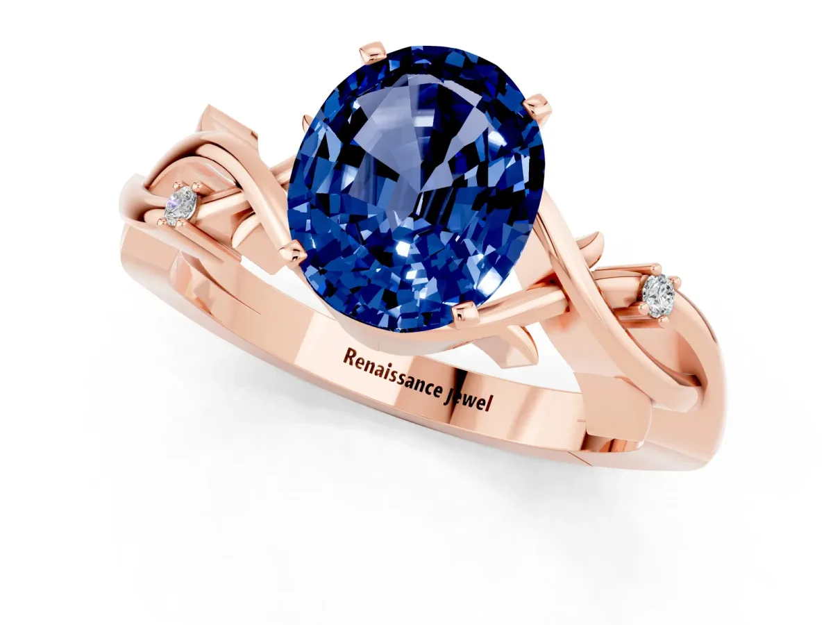 Oval Cut Blue Sapphire Solitaire Ring with Twisted Band and Prong Setting Rose gold