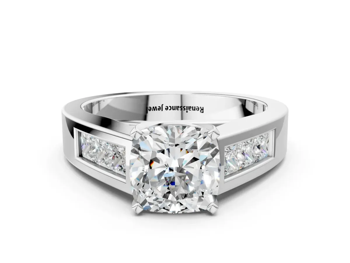 Cushion Cut Cut Channel Set Solitaire Ring with Four-Prong Setting White gold