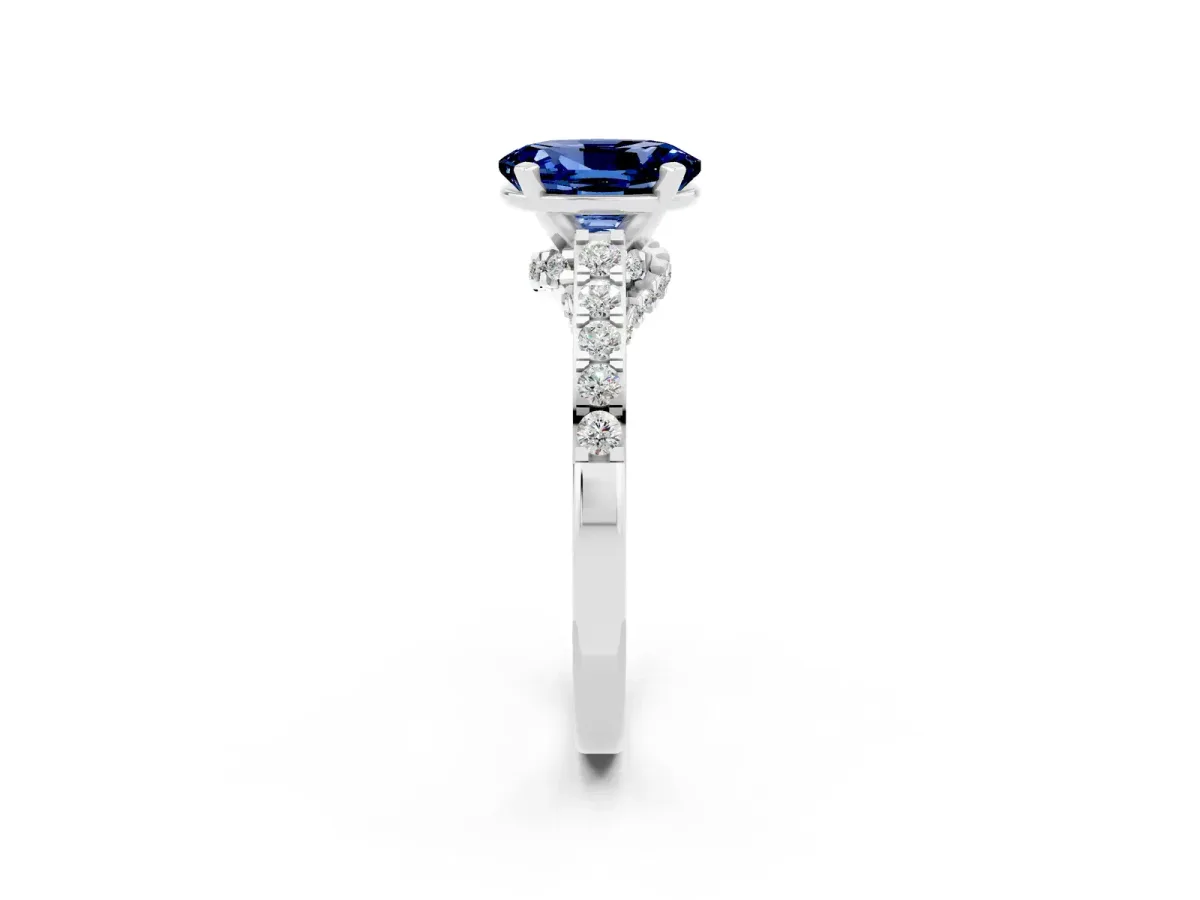 Oval Cut Blue Sapphire Solitaire Ring with Crossover Gallery and Round Pavé Band Silver
