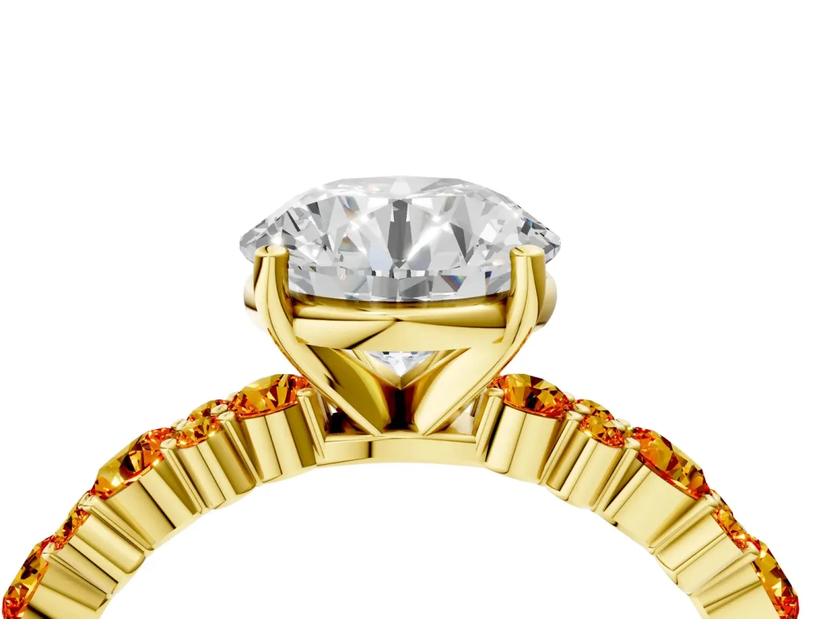 Round Cut Diamond Side Stone Solitaire Ring with Round Citrine and Four-Prong Setting Yellow gold