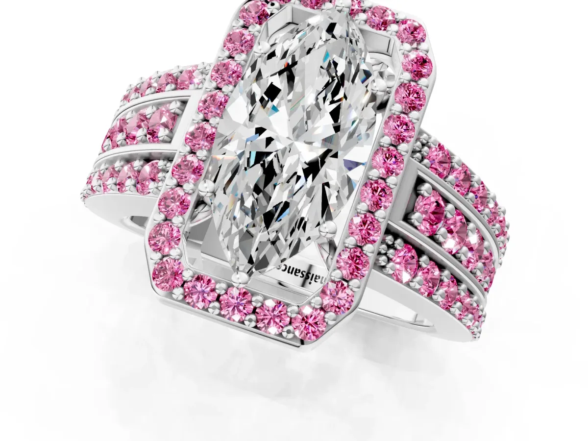 Marquise Cut Halo Diamond Ring with Round Pink Sapphire Split Shank and Prong Setting Silver
