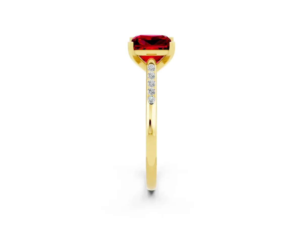 Princess Cut Ruby Solitaire Ring with Channel Set Round Band and Prong Setting Yellow gold
