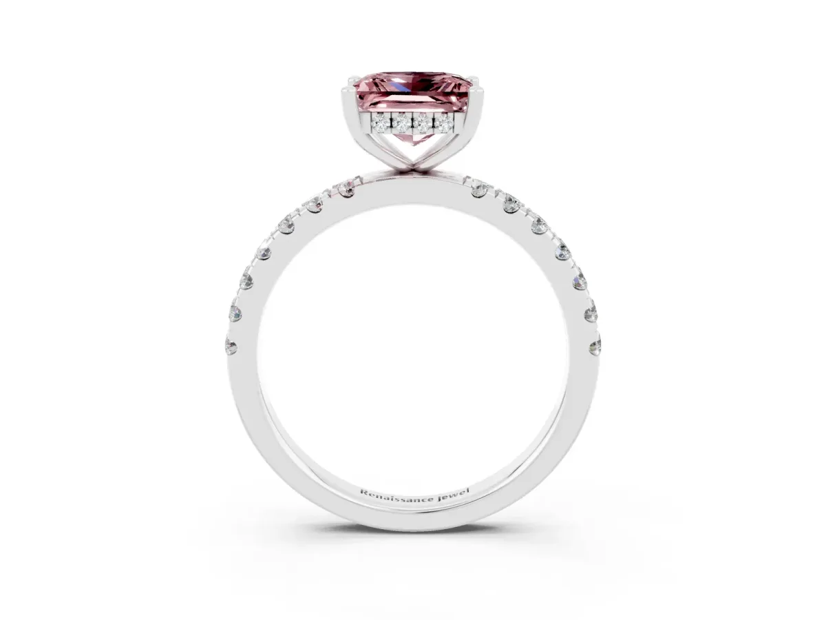 Princess Cut Morganite Pave Band Solitaire Ring with Round and Prong Setting Platinum
