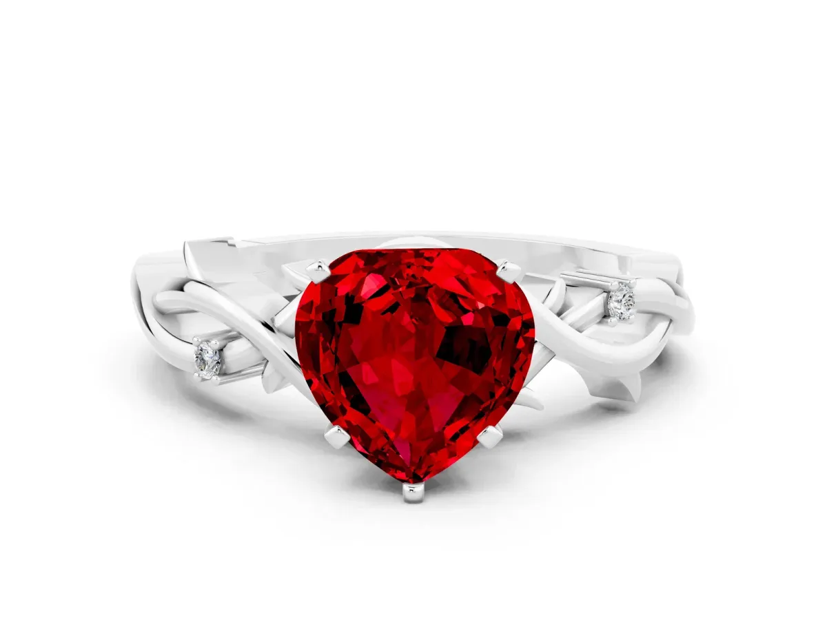 Heart Cut Ruby Solitaire Ring with Twisted Band and Prong Setting Silver