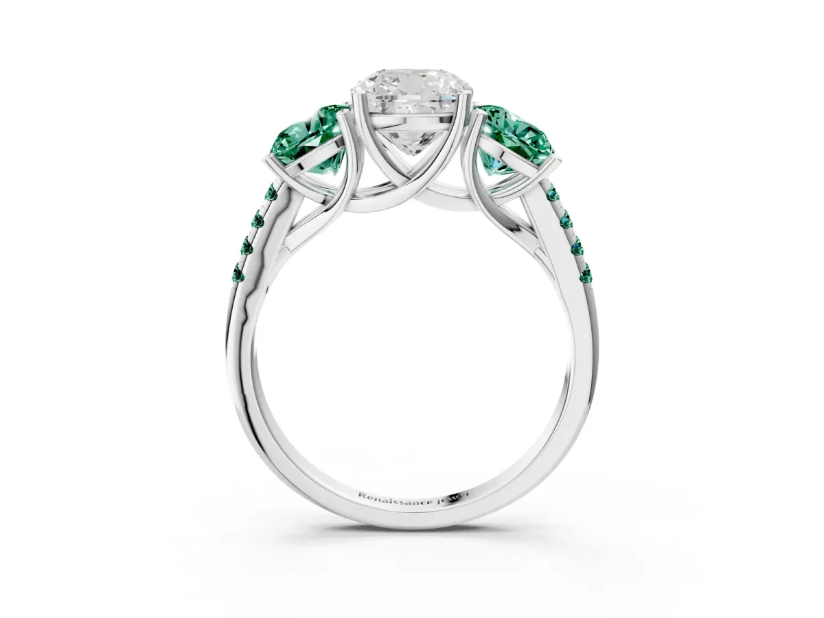 Three-Stone Cushion Cut Diamond Ring with Round Green Sapphire Pavé Band and Prong Setting Silver