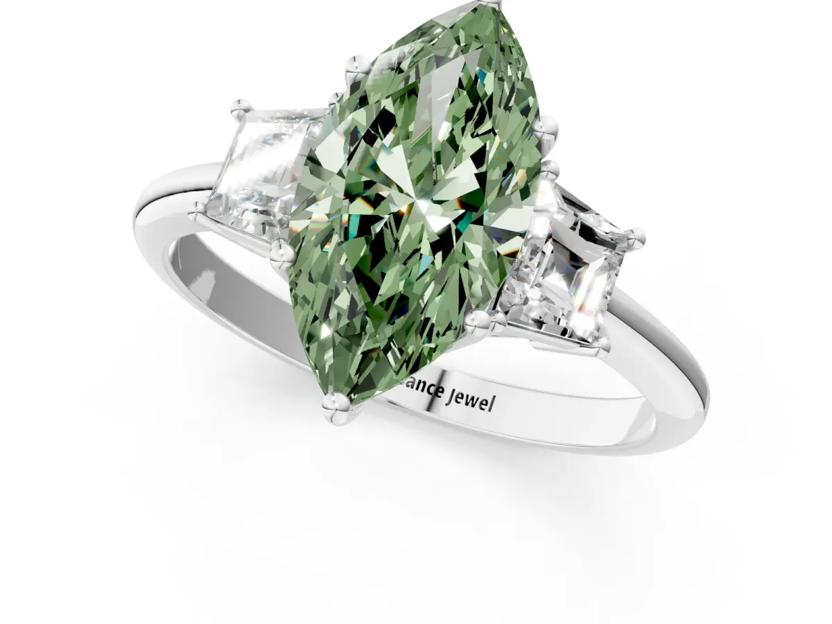 Fancy Green Marquise Cut Diamond Three-Stone Ring with Trapezoid Side Stones and Prong Setting Silver