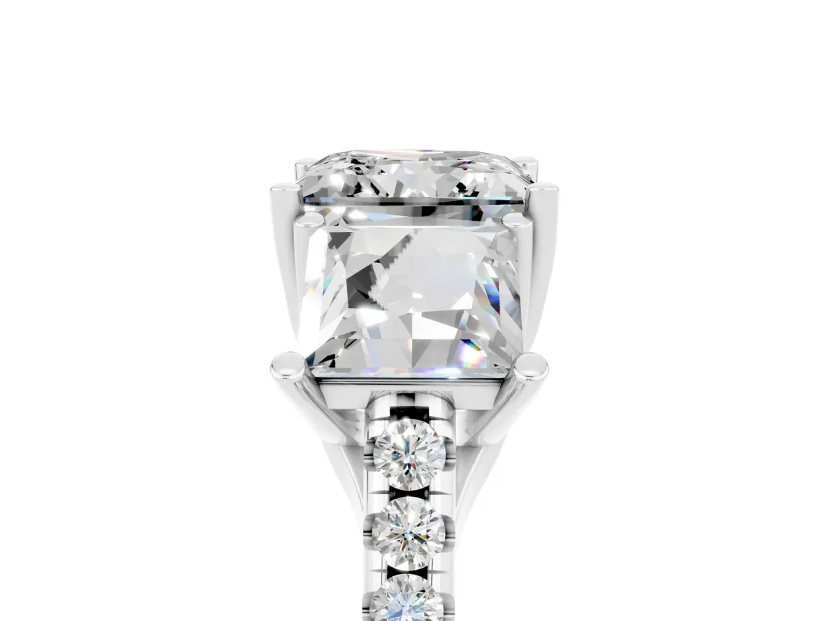 Three-Stone Princess Cut Moissanite Ring with Round Pavé Band and Prong Setting Silver