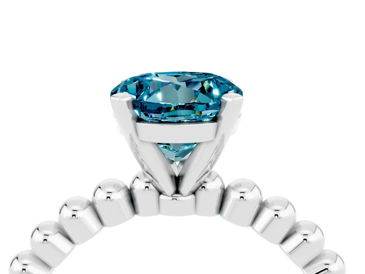 Round Cut Blue Topaz Solitaire Ring with Beaded Band and Prong Setting Silver