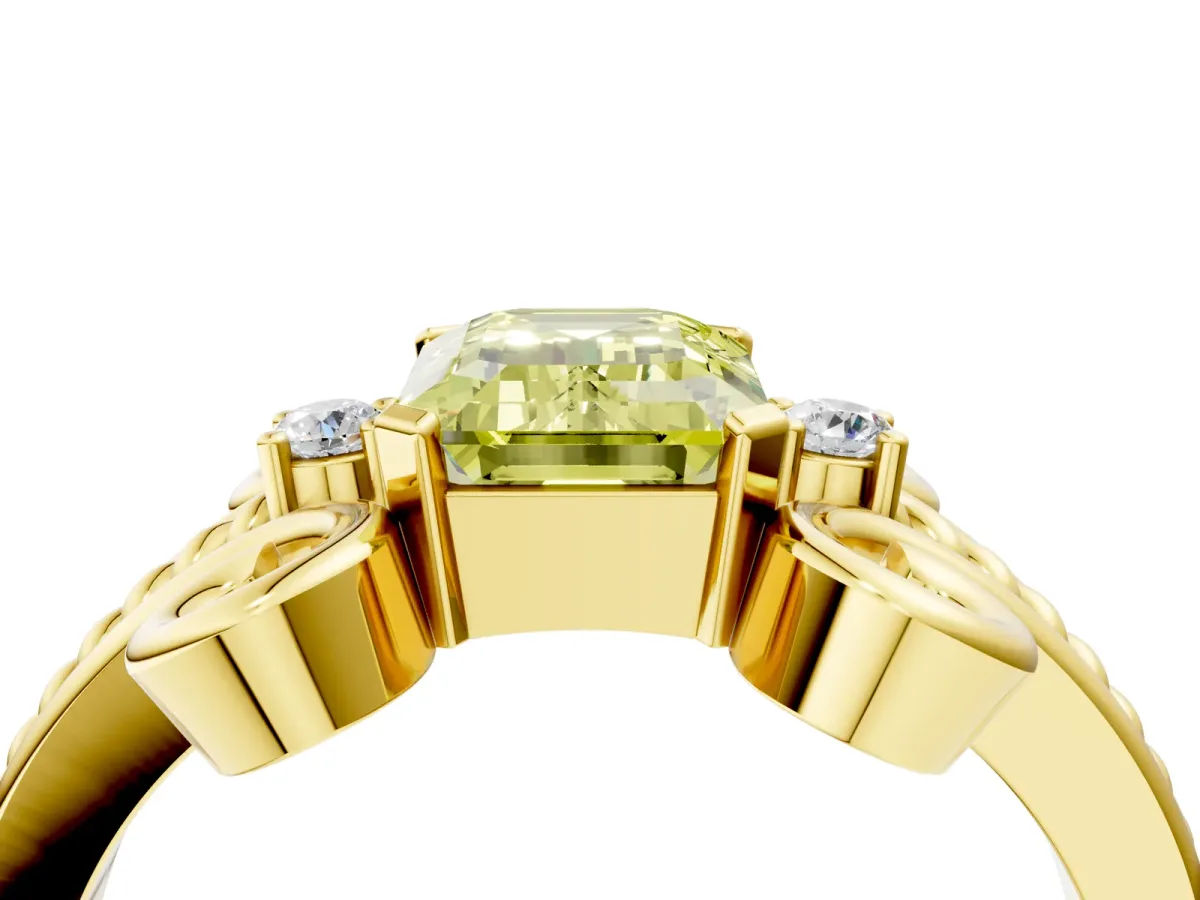 Fancy Yellow Emerald Cut Solitaire Twisted Band Scroll Prong Ring Yellow gold
