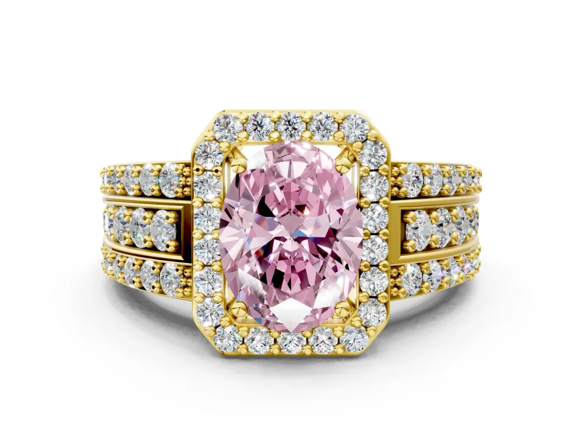 Fancy Pink Oval Cut Halo Diamond Ring with Round Split Shank and Prong Setting Yellow gold