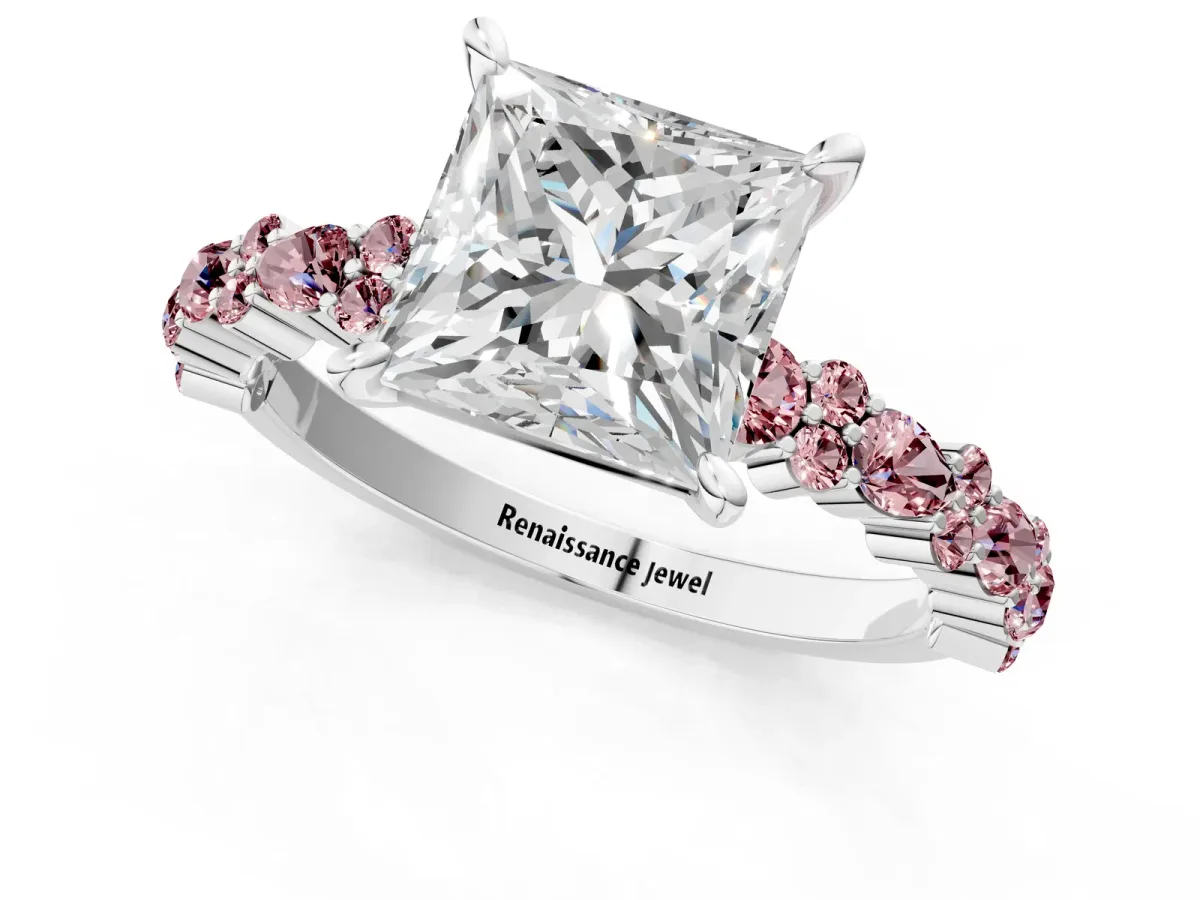 Princess Cut Diamond Side Stone Solitaire Ring with Round Morganite and Four-Prong Setting Silver
