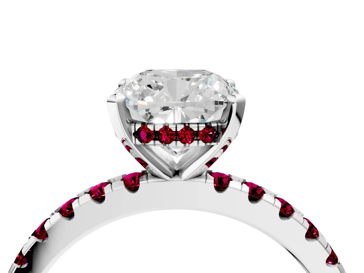 Cushion Cut Diamond Solitaire Ring with Round Garnet Pavé Band and Four-Prong Setting Silver