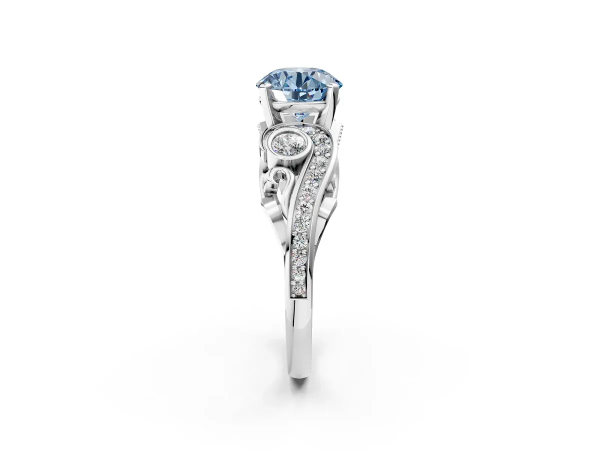 Fancy Blue Round Cut Diamond Solitaire Ring with Milgrain Pavé Band and Four-Prong Setting Silver