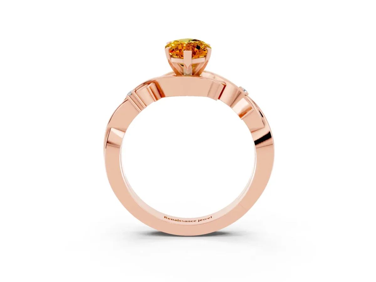 Marquise Cut Citrine Solitaire Ring with Twisted Band and Prong Setting Rose gold