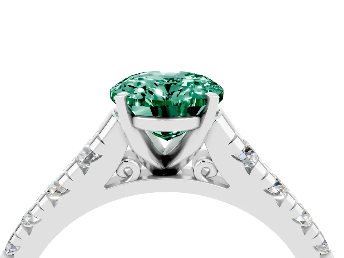 Oval Cut Green Sapphire Cathedral Solitaire Ring with Round Pavé Band Silver