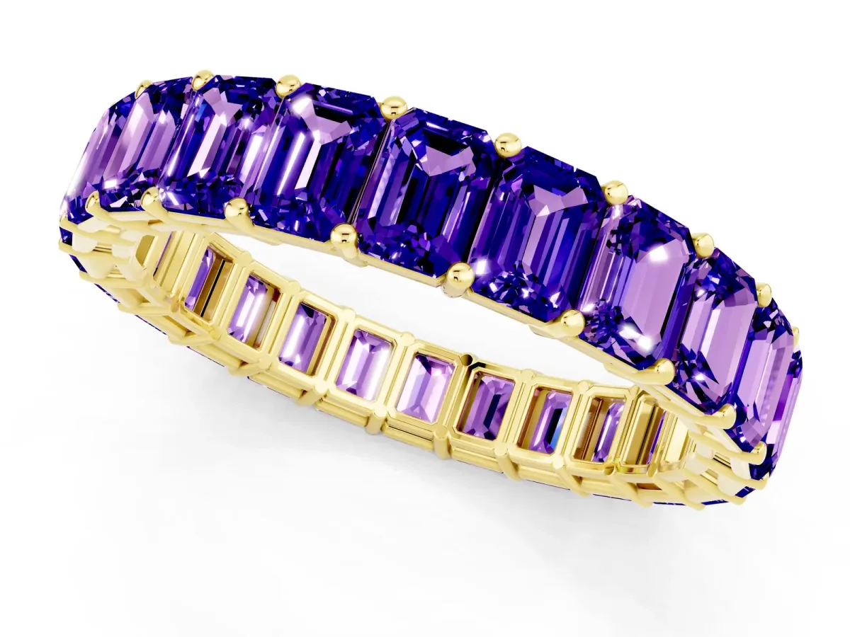 Emerald Cut Tanzanite Eternity Band with Shared Prong Setting Yellow gold