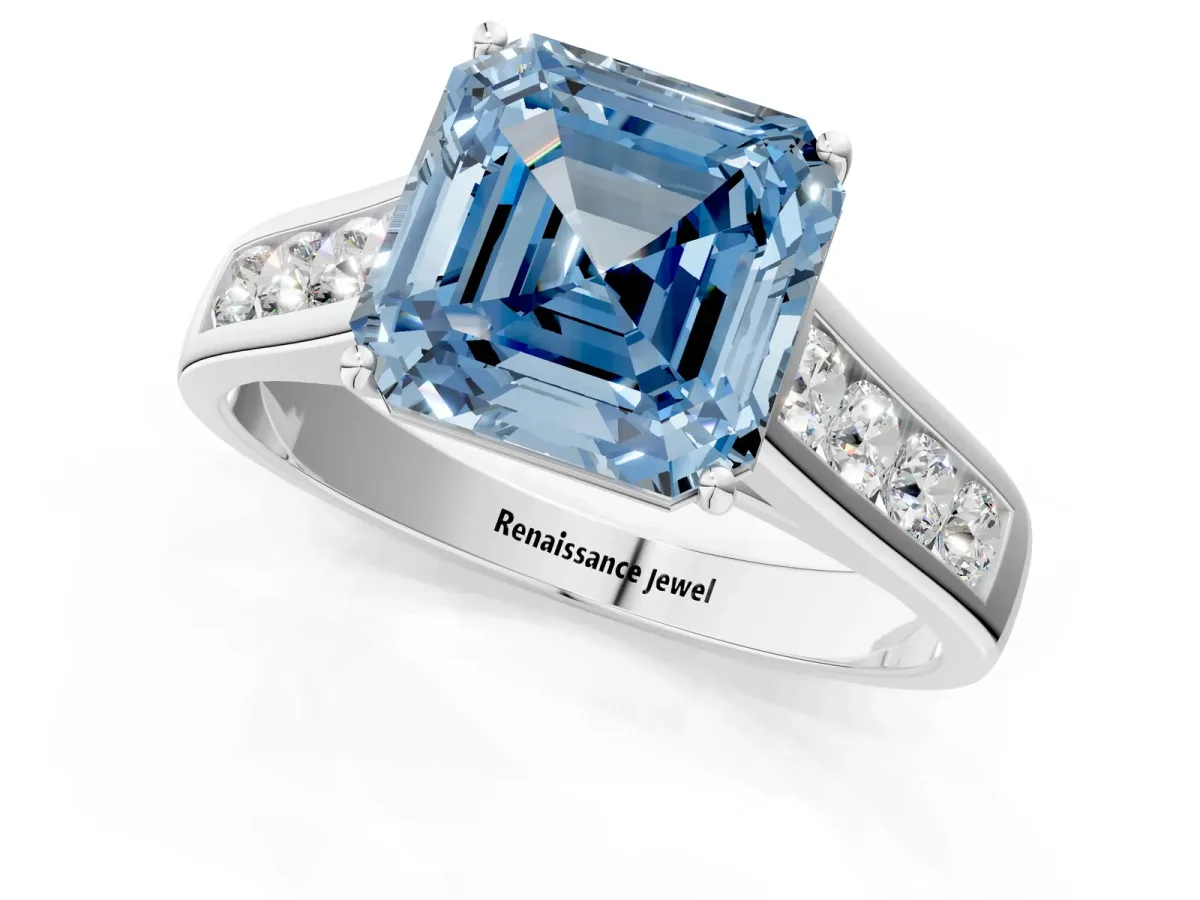 Fancy Blue Asscher Cut Solitaire Channel-Set Diamond Engagement Ring with Four-Prong Setting Platinum