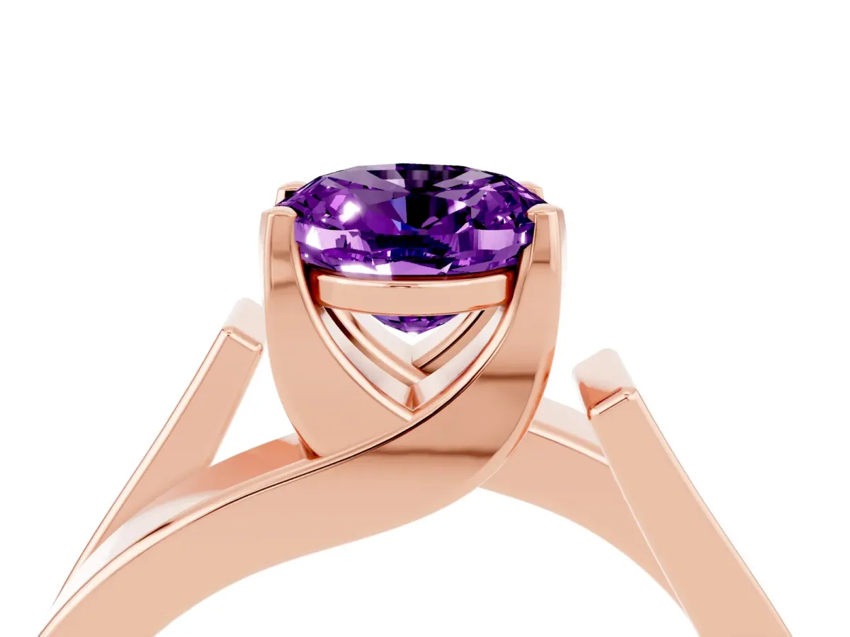Modern Tension Set Oval Cut Amethyst Solitaire Wide Band Ring Rose gold