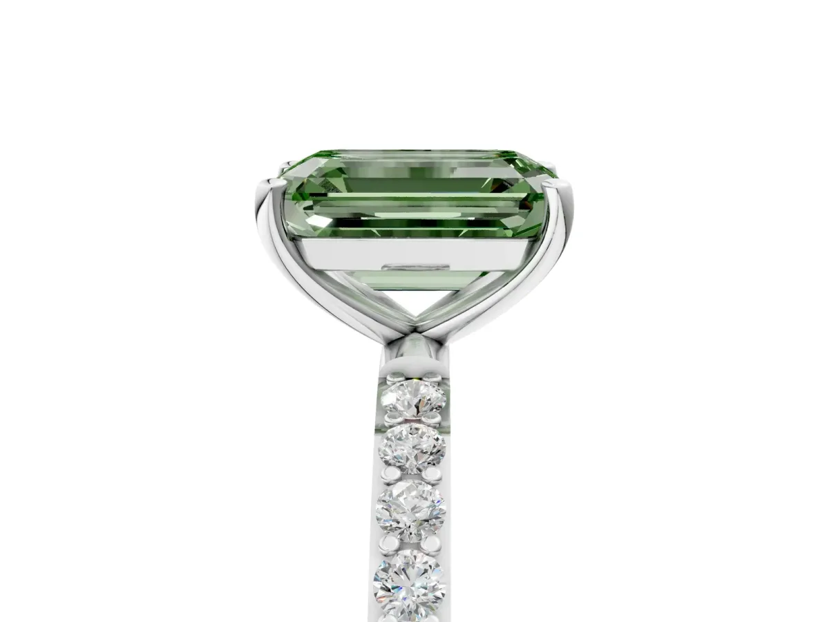 Fancy Green Emerald Cut Diamond Solitaire Ring with Round Pavé Shoulders and Prong Setting Silver