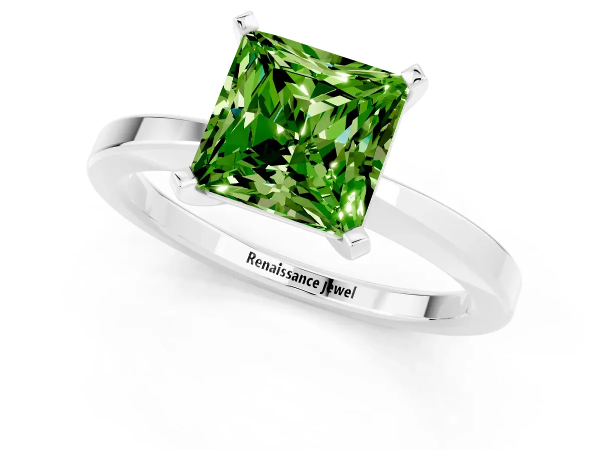 Princess Cut Peridot Solitaire Engagement Ring with Classic Band and Four-Prong Setting Silver