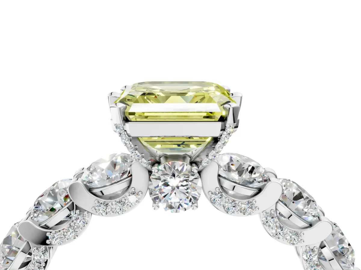 Fancy Yellow Asscher Cut Diamond Side Stone Engagement Ring with Four-Prong Setting Silver