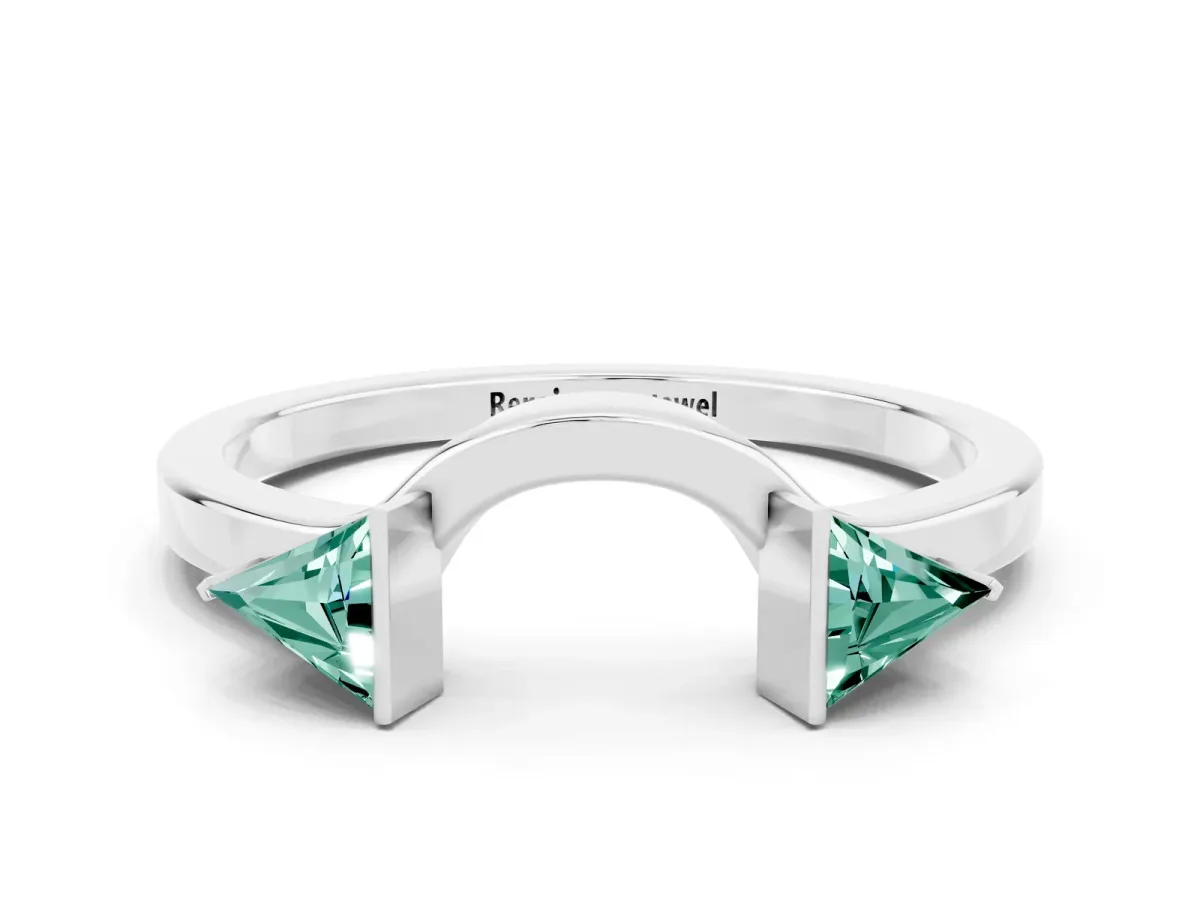 Trillion Green Sapphire Open Band Ring with Bezel Setting White gold
