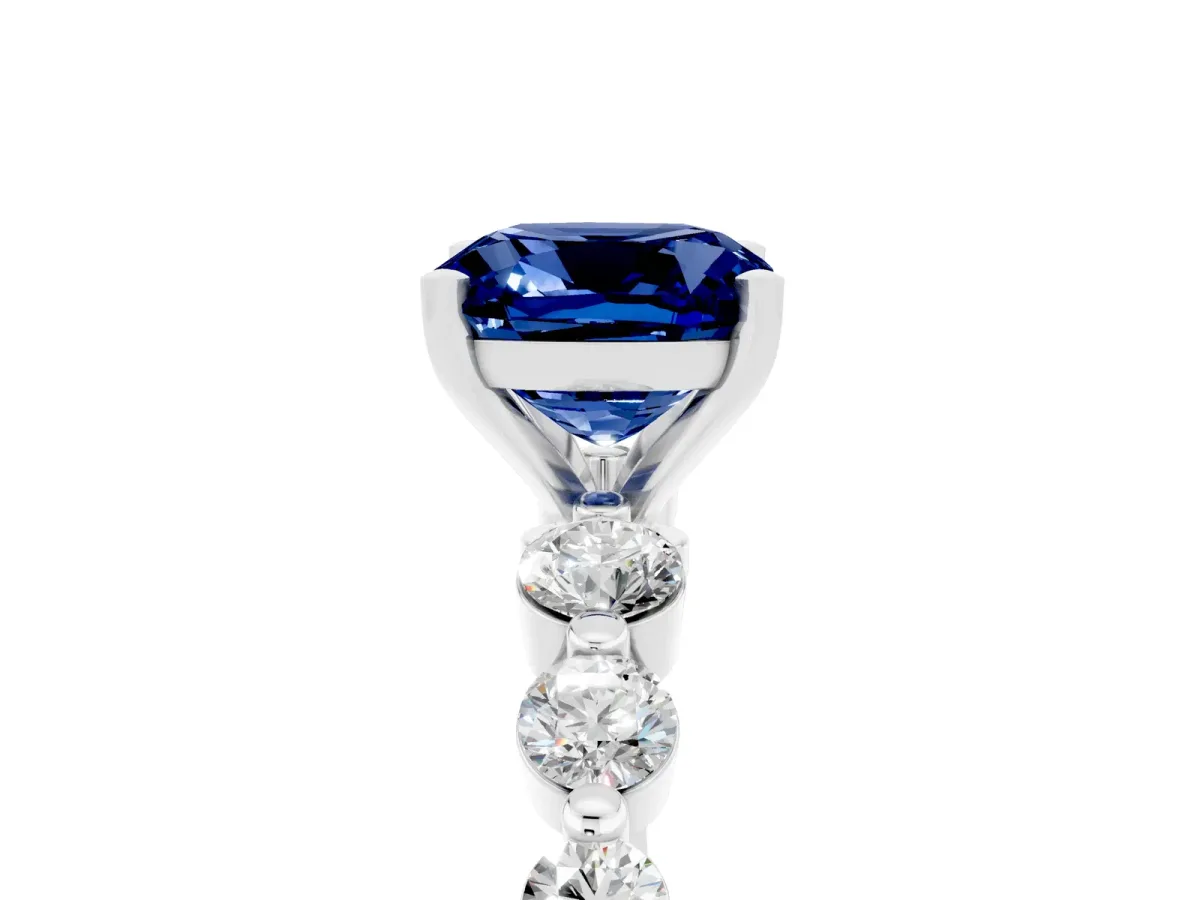 Cushion Cut Solitaire Blue Sapphire Ring with Pave Band and Four-Prong Setting Silver