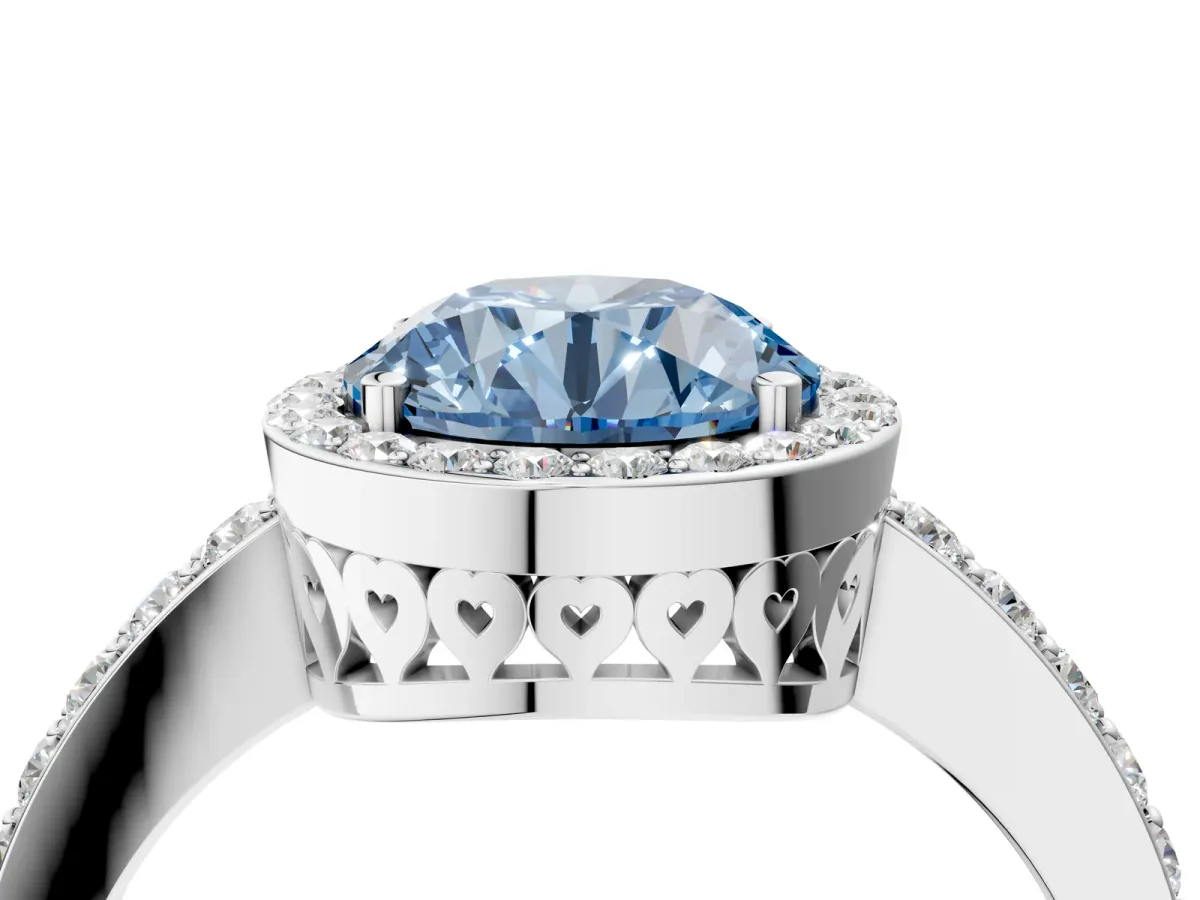 Fancy Blue Round Cut Halo Diamond Pavé Band Ring with Prong Setting Platinum