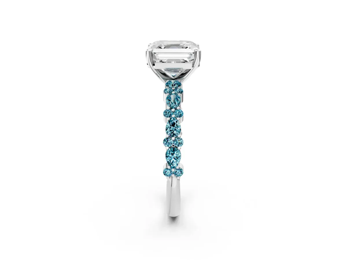 Asscher Cut Diamond Side Stone Solitaire Ring with Round Blue Topaz and Four-Prong Setting Platinum