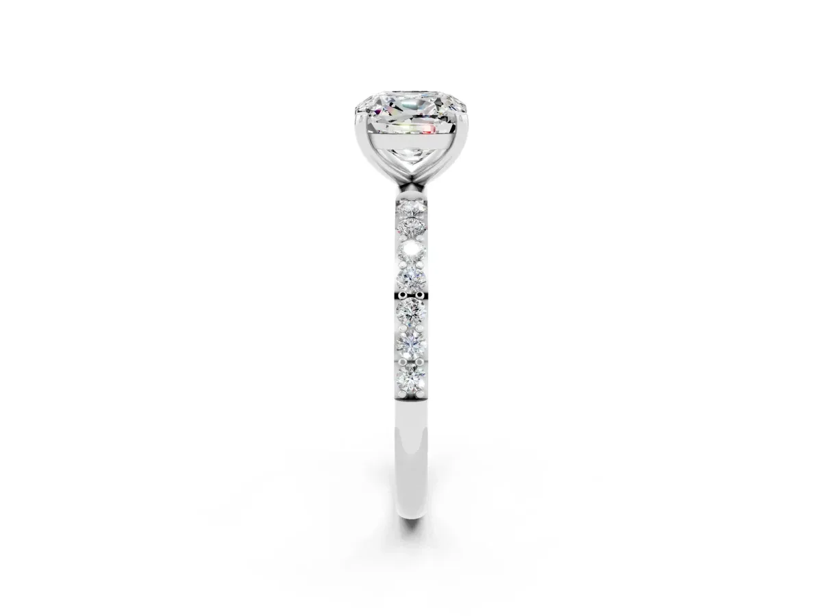 Cushion Cut Moissanite Solitaire Ring with Round Pavé Band and Prong Setting Silver